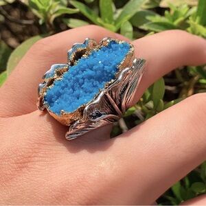 Unique Silver Color Ginkgo Leaf Rings Personality Blue turquoise Stone